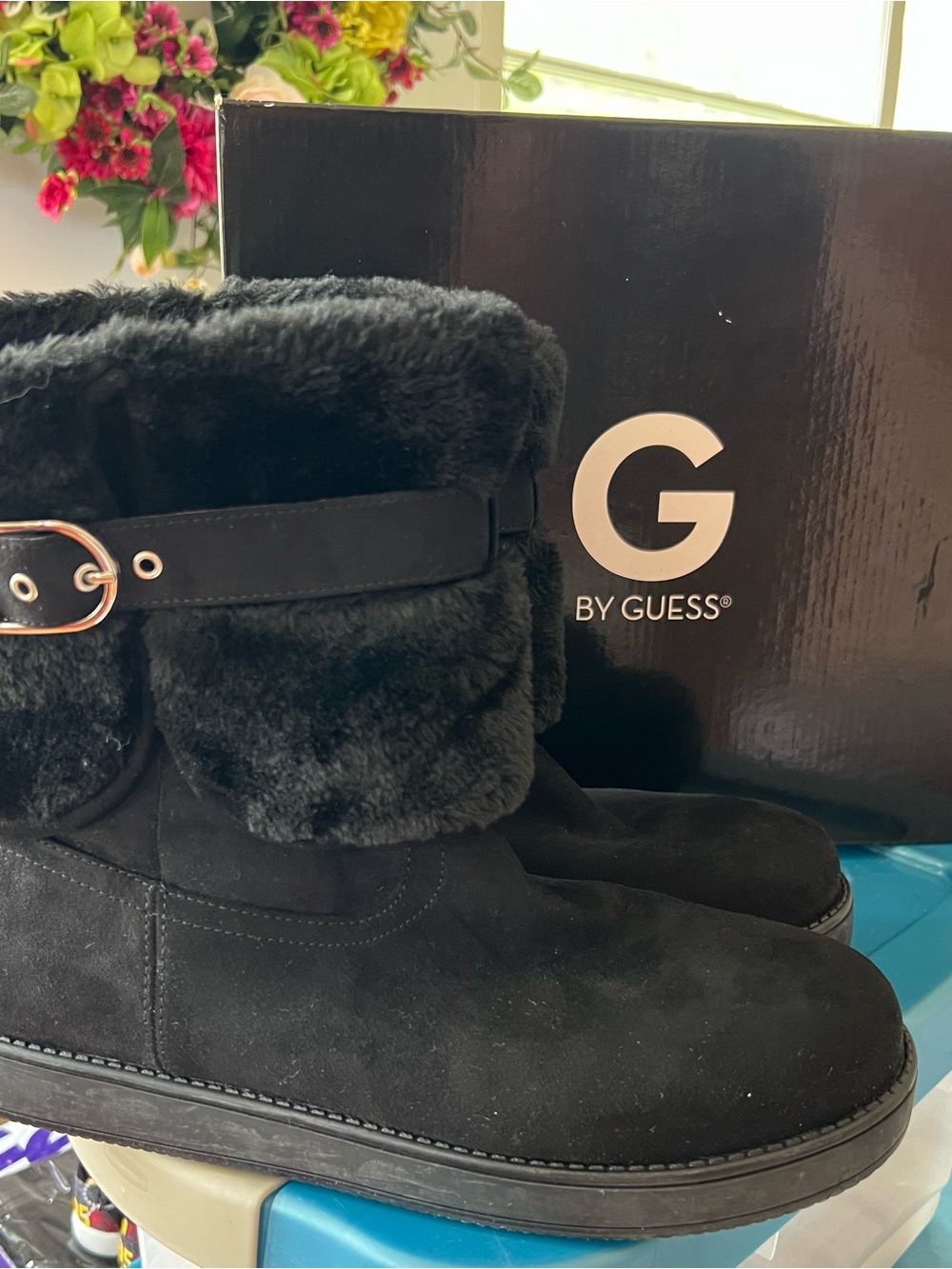 G by Guess Black Faux Fur Suede Ankle Booties